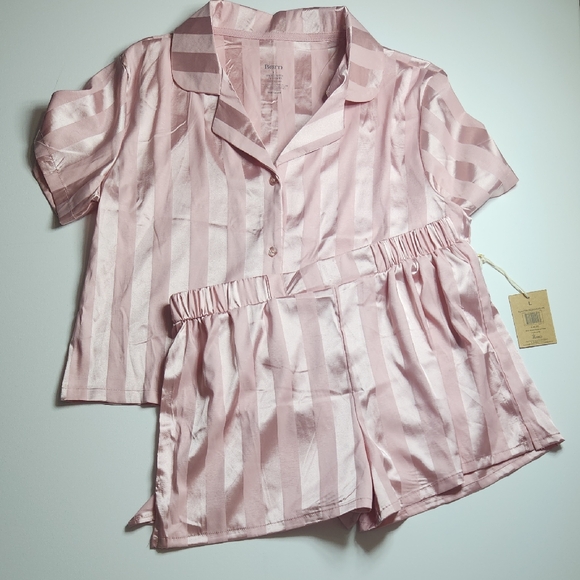 Born Other - Born Pink Satin Stripe Pajama Set Short Sleeve Button Top Shorts Women’s Large